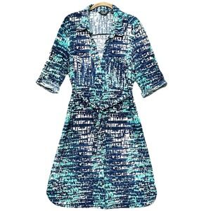 Mlle Gabrielle Shirt Dress L Large Blue Green Roll Tab Belt Collar Pockets Midi